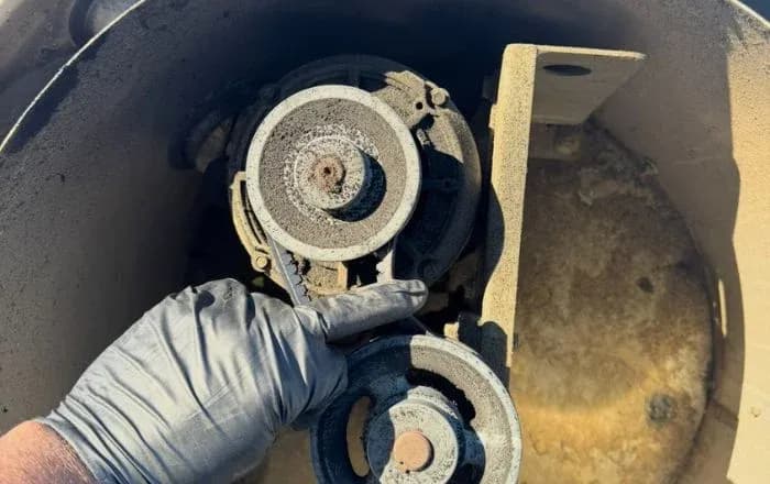 Technician inspecting exhaust fan belts and pulleys